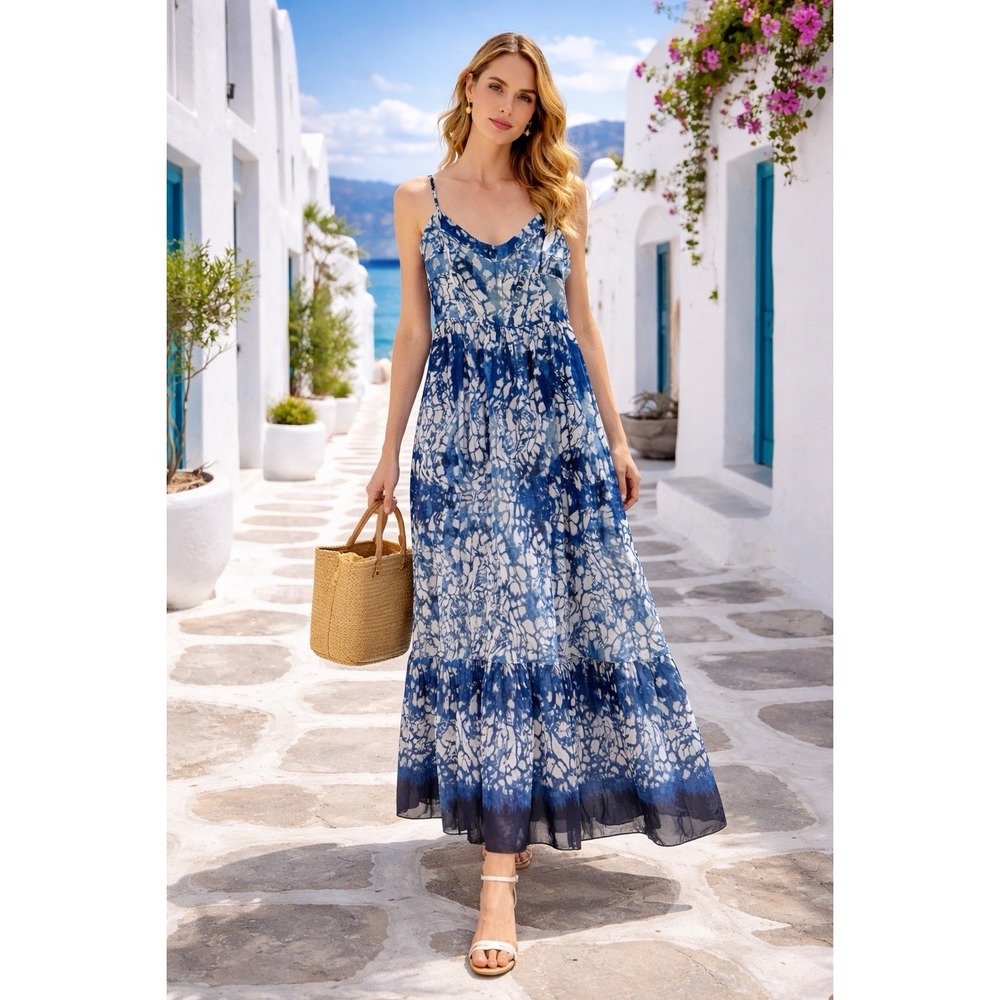 Betsey Johnson Blue Indigo Watercolor‎ Maxi Dress 12 Babydoll Cami Strap Fairy